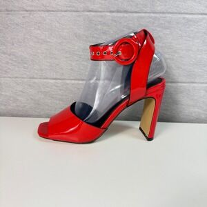 Express Womens Size 7 Red Patent Grommet Ankle Strap Chunky High Heel‎ Sandals